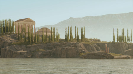 The remains of a grand Roman temple stand majestically by a calm lake, surrounded by lush trees and rocky terrain, reflecting a peaceful sunset in the distance.の写真素材