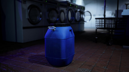 A Large Blue Container Sitting on a Brick Floor