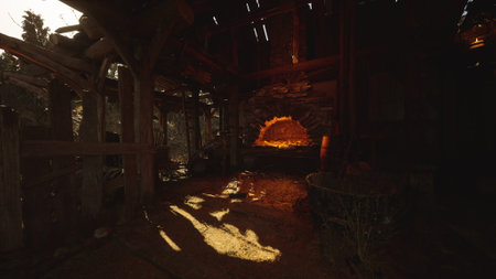 The warm light from a stone fireplace illuminates the interior of an old barn at sunset. Shadows stretch across the floor, creating a cozy, nostalgic atmosphere.の写真素材