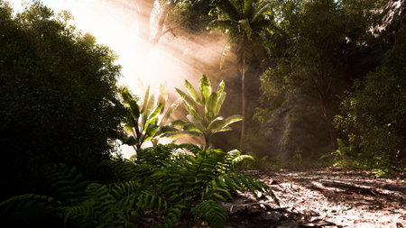 Sunlight streams through the dense foliage of a vibrant rainforest, illuminating ferns, palms, and...