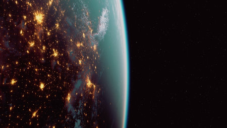 Earths illuminated cities are visible from space, with bright lights contrasting against the dark oceans and continents.の写真素材