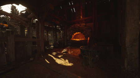 The interior of a weathered workshop features a glowing forge, casting warm light on the surroundings, highlighting tools and rustic wooden structures during daylight.の写真素材