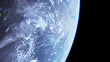 Earth as seen from space, showing continents, oceans, clouds, and atmosphere against the backdrop of space.の写真素材