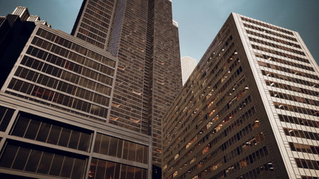 A striking display of architectural prowess, two towering skyscrapers stand in harmonious solidarity, dominating the city skyline.の写真素材