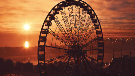 A massive ferris wheel stands on top of a vibrant green field, creating a striking contrast between the man-made structure and the natural surroundings.の写真素材