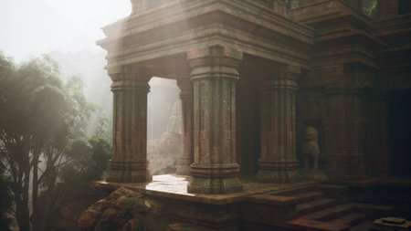 A large stone structure in the Cambodian jungle features intricate columns and pillars.