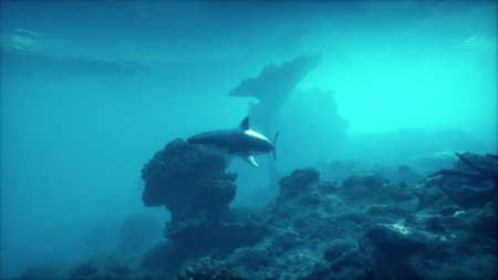 Great White Shark Gliding Through Underwater Rock Formationの写真素材