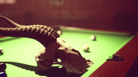The Unsettling Presence of an Animal Skull on a Desolate Billiard Table