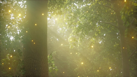 Enchanting Forest Illuminated by Twinkling Lightsの写真素材