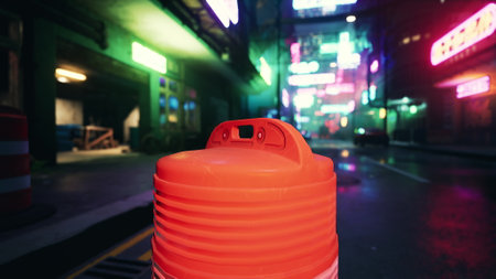 A Lone Red Plastic Container Illuminating the Night in an Asian Townの写真素材