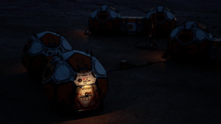 An illuminated Martian colony base showcases futuristic living pods and research equipment under the dark sky, highlighting human exploration efforts and habitation on Mars.の写真素材