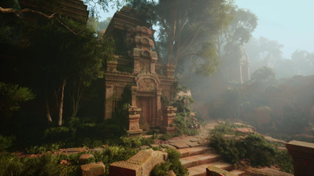 An ancient Cambodian temple stands tall amidst lush green trees in a dense forest.