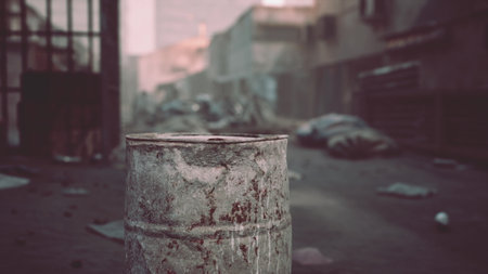 A rusty barrel stands prominently in a deserted city alley, surrounded by debris and remnants of urban life. The atmosphere conveys a sense of desolation and neglect.の写真素材
