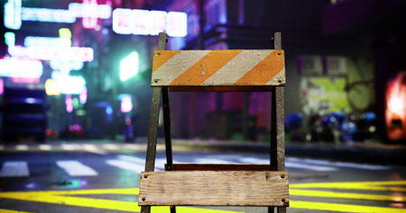 A weathered construction sign stands in the foreground, blocking a vibrant neon lit urban street. The colorful lights reflect off wet pavement creating a lively atmosphere at night.の写真素材