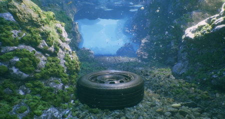 A tire lies abandoned on the ocean floor amidst colorful coral and marine plants. Sunlight filters through the water, highlighting the ecological contrast of debris and beauty.の写真素材