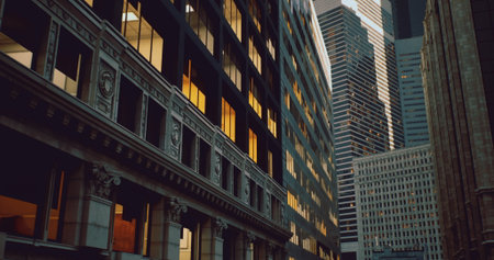 Tall buildings create a striking skyline during sunset, highlighting the contrast between historic architecture and modern structures in a bustling downtown area.の写真素材