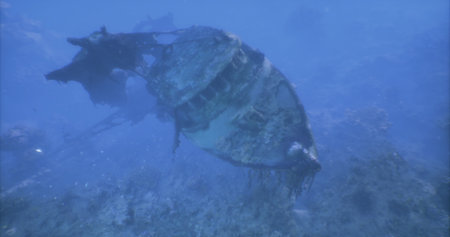 A submerged shipwreck lies at the bottom of the blue ocean, partially covered in marine growth. Fish swim nearby, illustrating the beauty of underwater ecosystems and history.の写真素材