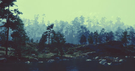 The landscape features lush green trees surrounding a calm lake. Soft mist hovers above the water,...