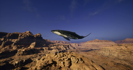 A humpback whale glides gracefully through a vast desert landscape under a bright blue sky. The...