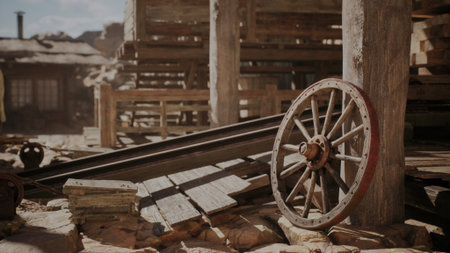 A weathered wooden wagon wheel leans against a timber pillar in a rustic storage space filled with wooden planks and materials. Sunlight spills through the area, enhancing its vintage charm.の写真素材