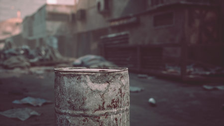 An old, rusted barrel stands alone in a neglected urban area, surrounded by debris and shadows, capturing a haunting sense of abandonment in the soft morning light.の写真素材