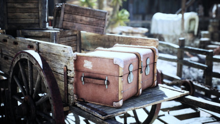 A rustic wooden cart holds two weathered leather trunks, set against a backdrop of an old western village under bright sunlight. The scene evokes a sense of nostalgia.の写真素材