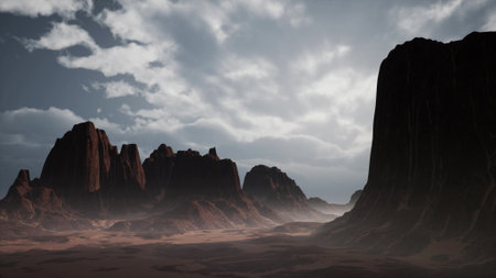 Rugged cliffs rise dramatically against a backdrop of swirling clouds and diffused light, creating an otherworldly ambiance in a vast desert like terrain at twilight.の写真素材
