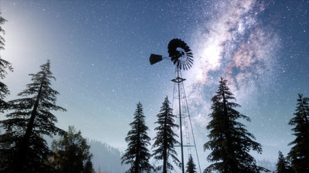 Under a vast expanse of twinkling stars, an ancient windmill stands tall among lush pine trees. The...