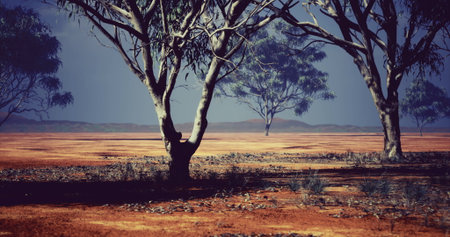 A wide view of a desert landscape features several scattered trees against a backdrop of colorful...