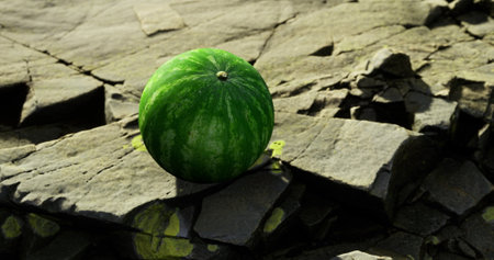 A large green watermelon sits atop rugged gray rocks by a body of water. The surface reflects vibrant colors, showing the contrast between the fruit and its natural surroundings.の写真素材