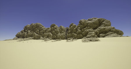 Majestic rock formation stands tall amidst a vast expanse of sandy terrain under a clear blue sky....