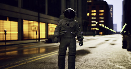 A lone astronaut in a space suit stands in the middle of a deserted urban street.
