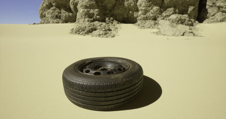 A worn tire is positioned on sandy terrain surrounded by rugged rock formations under a clear blue sky. The rugged environment creates a striking contrast with the tire.の写真素材