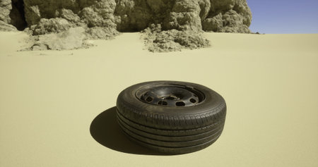 A black tire rests on a sandy surface with rocky formations in the background. The bright sunlight highlights the desolate landscape and emphasizes the isolation of the setting.の写真素材