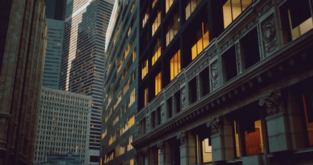 Tall buildings dominate the skyline as evening falls, showcasing urban design. Glowing windows create a warm atmosphere among diverse architectural styles in the city.の写真素材