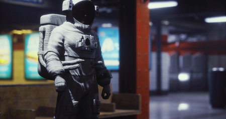 An astronaut figure is displayed in an empty subway station illuminated by neon lights at night. The surrounding area is quiet and mysterious, enhancing the unusual presence.の写真素材