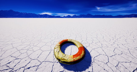 A vibrant, worn life ring rests on a cracked salt flat, surrounded by an expansive blue sky and majestic mountains. The desolate landscape creates an otherworldly atmosphere.の写真素材