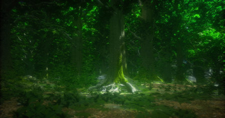 A majestic tree stands in the heart of a verdant forest, surrounded by dense foliage. Sunlight filters through the canopy, creating an enchanting atmosphere filled with life and tranquility.の写真素材