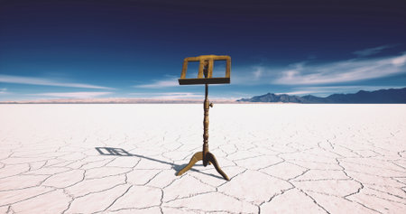 A deserted music stand stands tall on expansive salt flats, casting a long shadow. Majestic mountains rise in the distance, creating a stark contrast against the serene landscape at midday.の写真素材
