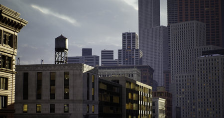 Majestic city skyline during twilight showcases a blend of modern glass towers and classic...