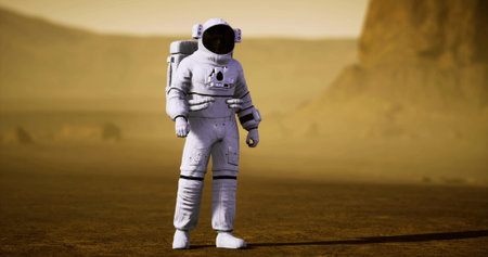 An astronaut stands on the red planets surface, surrounded by rocky terrain and dusty horizons. The...