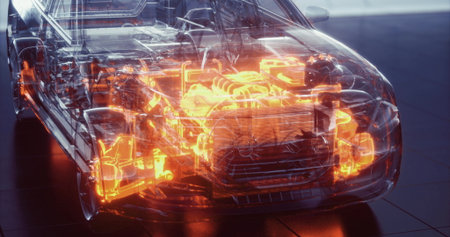 Exploring the transparent car showcases its fascinating internal components glowing in vibrant orange. The display highlights both engineering ingenuity and cutting edge technology.の写真素材