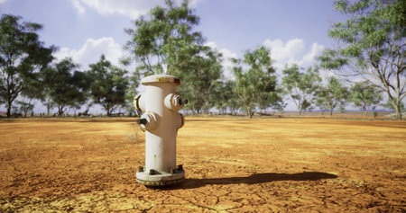 A solitary fire hydrant emerges from cracked earth, surrounded by sparse vegetation. The bright sun...