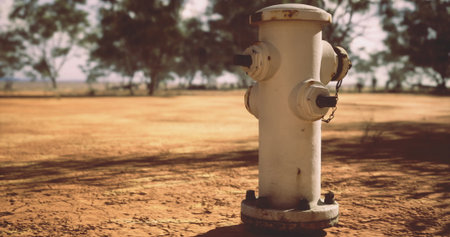 A solitary fire hydrant rises from cracked earth, surrounded by a sprawling dry landscape. Tall...