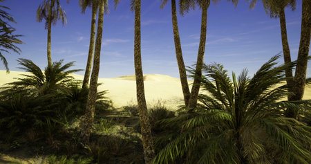 Vibrant palm trees tower over a tranquil oasis, creating a serene getaway against the golden sand...