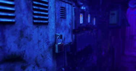 An abandoned hallway features rusty lockers along the wall bathed in a mysterious blue glow. The atmosphere is tense and haunting, hinting at secrets long forgotten.の写真素材