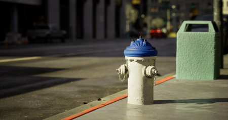 A vibrant fire hydrant painted in blue and white is positioned on a city sidewalk. Nearby, a green litter bin complements the urban landscape, as vehicles quietly pass by.の写真素材