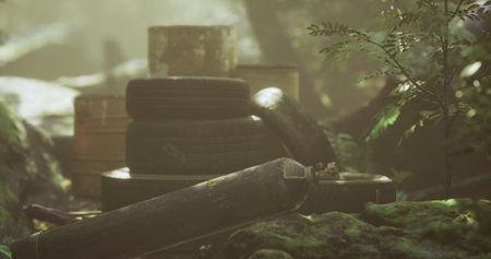 Amidst a dense, vibrant forest, remnants of human presence including old tires and containers rest on the soft forest floor.の写真素材