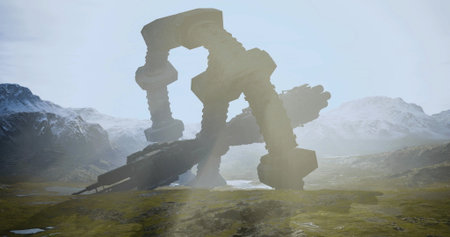 A colossal alien ship towers over a mist covered landscape, surrounded by majestic mountains. The ethereal light of dawn casts an otherworldly glow, hinting at hidden mysteries awaiting discovery.の写真素材