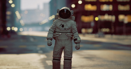 An astronaut stands amidst urban buildings, gazing at the breathtaking starlit sky. The contrast between space gear and city life creates a surreal atmosphere, igniting imagination.の写真素材